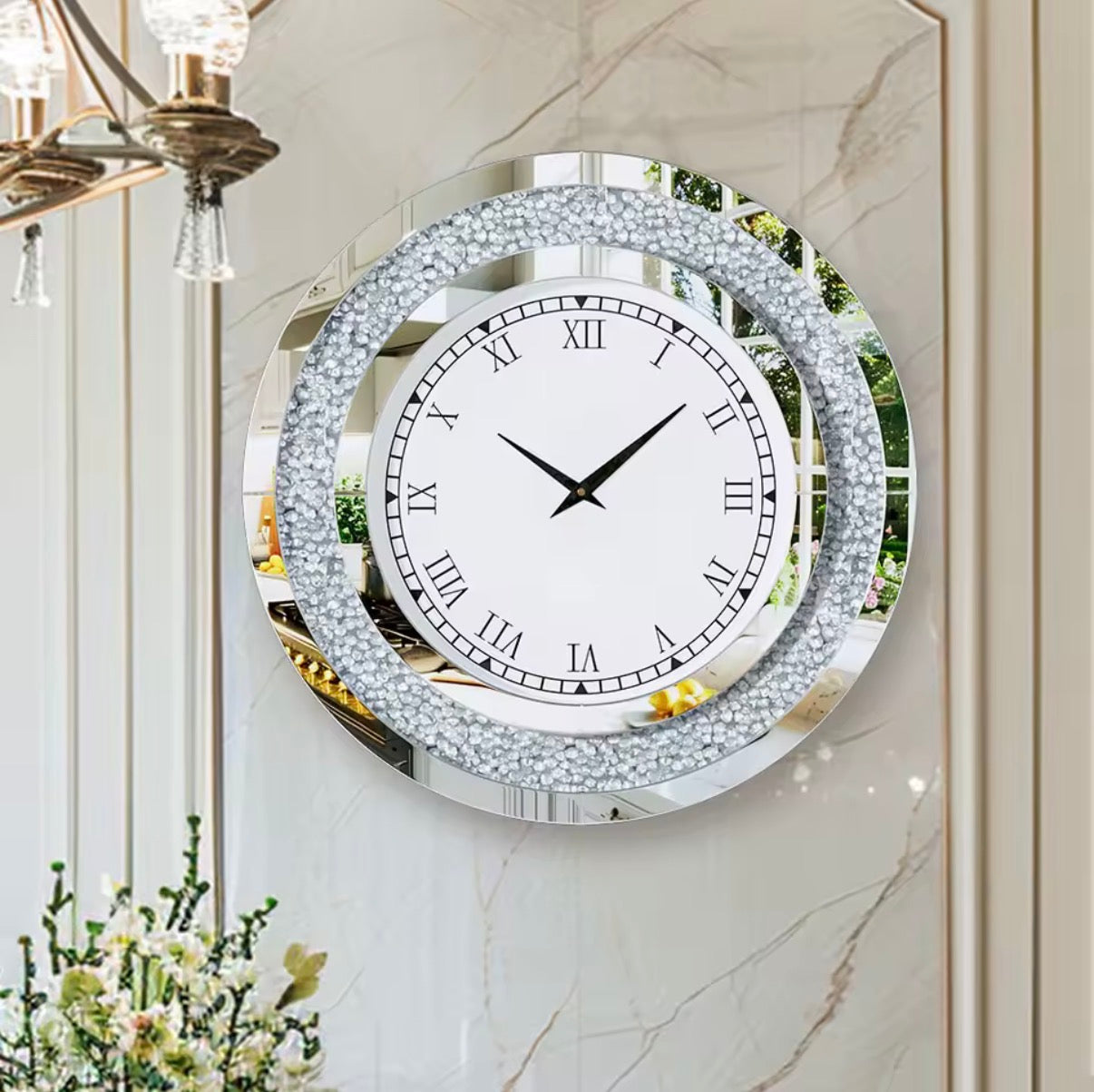 Grande Horloge Murale Miroir Glamour – Bordure Cristal & Effet Diamant