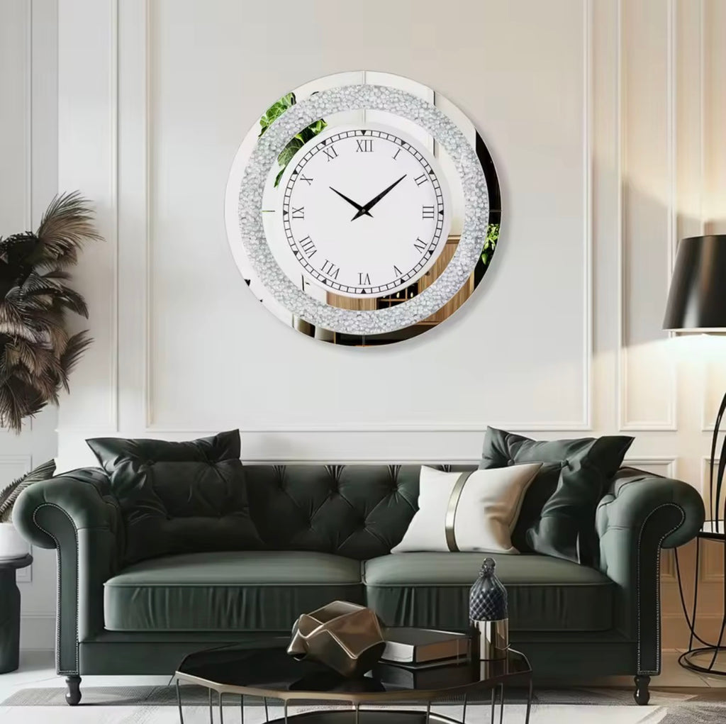 Grande Horloge Murale Miroir Glamour – Bordure Cristal & Effet Diamant