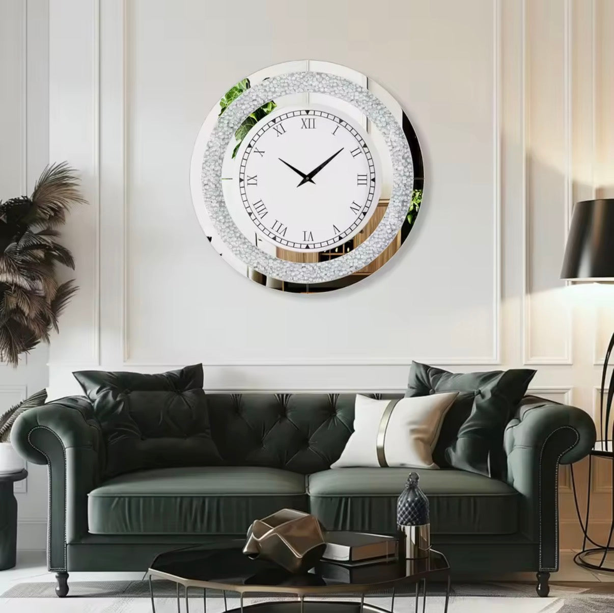 Grande Horloge Murale Miroir Glamour – Bordure Cristal & Effet Diamant
