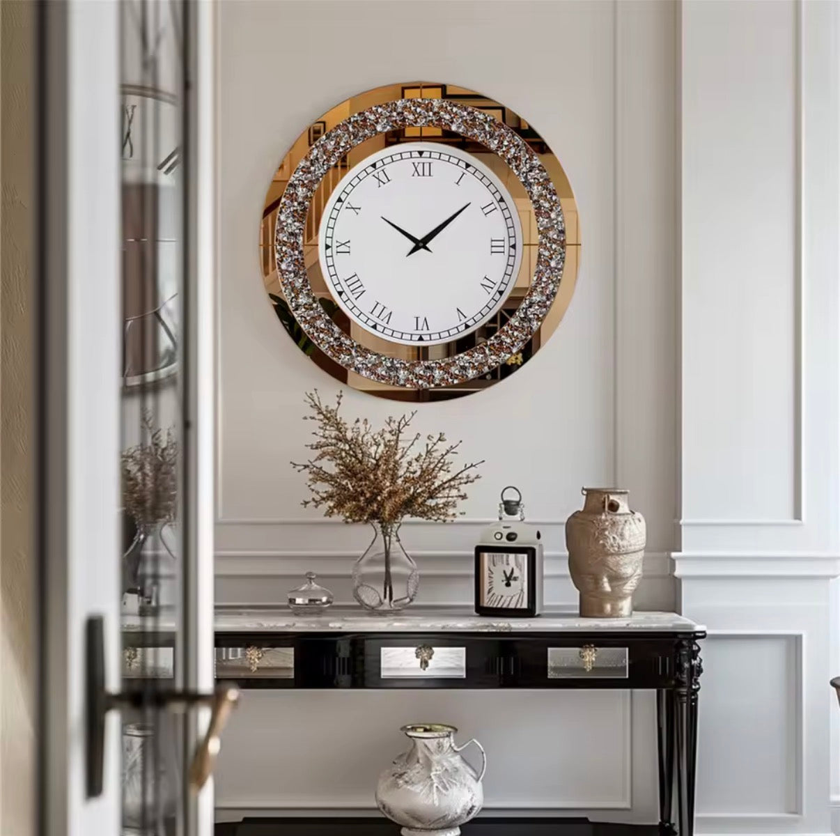Grande Horloge Murale Miroir Glamour – Bordure Cristal & Effet Diamant