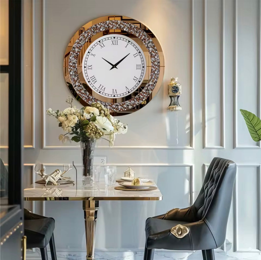 Grande Horloge Murale Miroir Glamour – Bordure Cristal & Effet Diamant